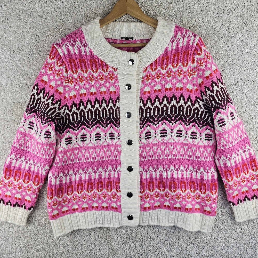 Talbots Pink Fair Isle Nordic Norwegian Sweater Cardigan Sweater 2X Thick Knit